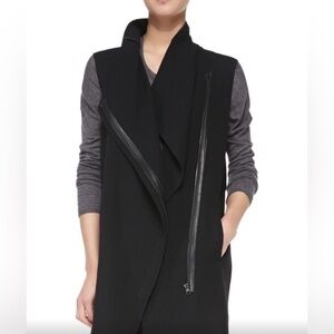 Vince Leather-Trim Asymmetric Black Wool Zip up Moto longer tunic Vest in XS